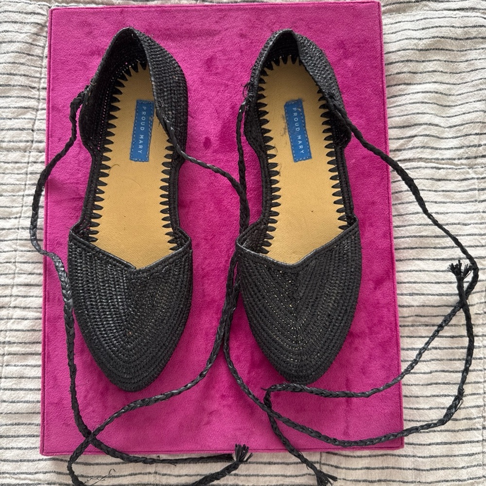 Proud Mary Black Woven D’orsay Flats With Ankle Ties Size 36
